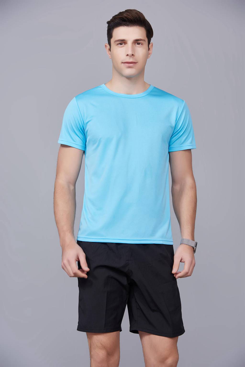 速干T恤 輕薄透氣男女情侶款圓領(lǐng)短袖速干T恤 天藍(lán)色