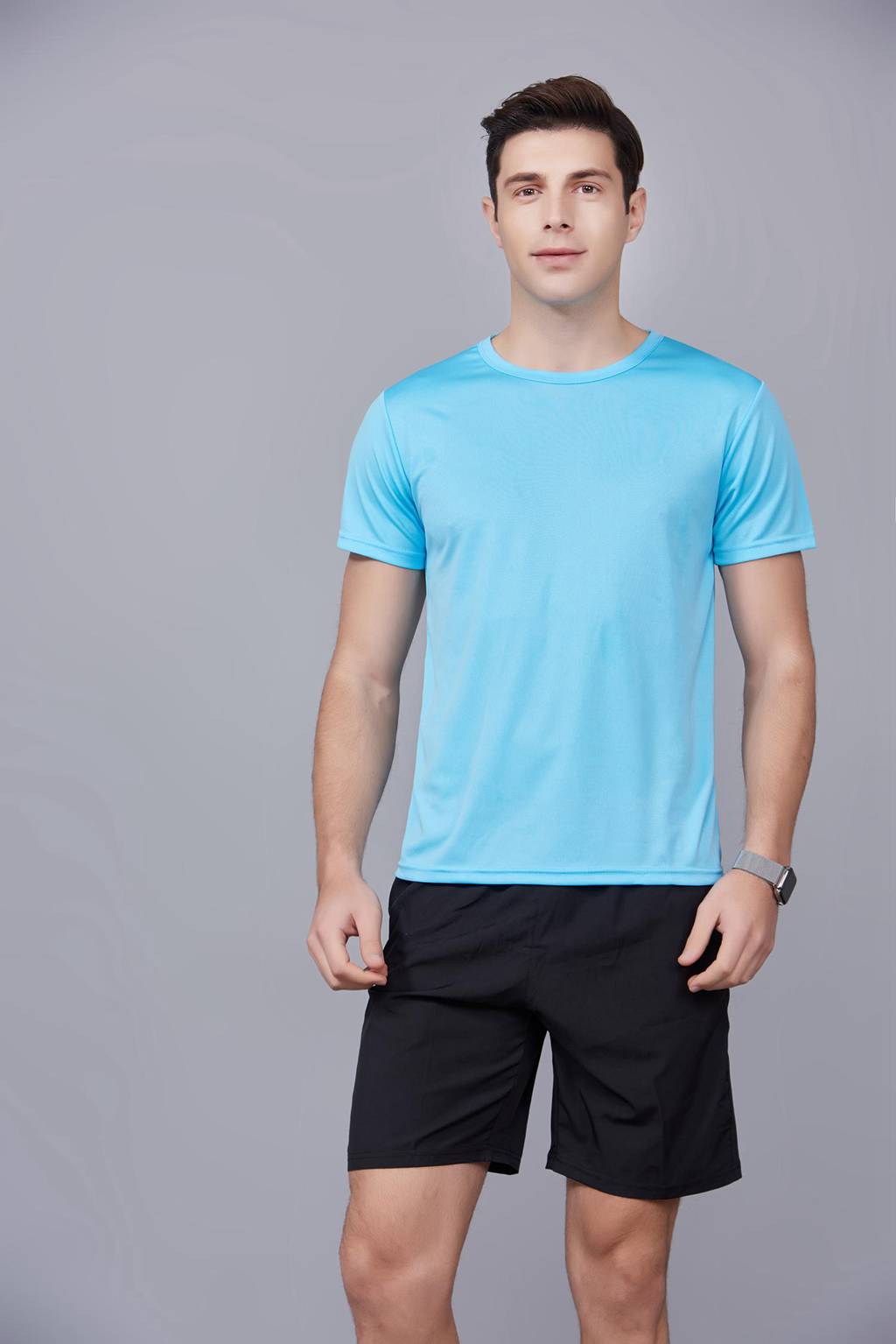 速干T恤 輕薄透氣男女情侶款圓領(lǐng)短袖速干T恤 天藍(lán)色